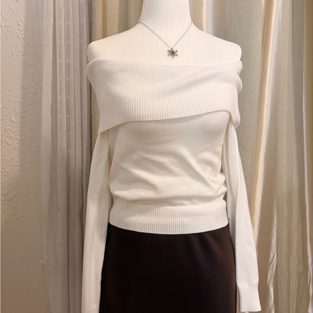 White Cropped Off-Shoulder Sweater
